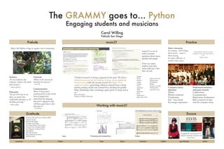 Professor Michael Scott Cuthbert, MIT
music21 project
FabLab San Diego
PyLadies San Diego
San Diego Python User Group
Canyon Crest Academy Music
San Dieguito Academy Music
OpenHatch
The Ada Initiative
Peter Pupping, Guitarist
ELVIS project
The GRAMMY goes to... Python
Engaging students and musicians
Carol Willing
FabLab San Diego
Working with music21
music21
EncoreGratitude
PracticePrelude
Inclusive
“It’s not exclusive, but
inclusive, which is the whole
spirit of jazz.”
— Herbie Hancock
Education
“So, you can’t stay in one
place, no matter how
comfortable that place is. It’s
all about growing.”
—Mavis Staples
Universal
“Music in the soul can be
heard by the universe.”
—Lao Tzu
Communication
Music is the greatest
communication in the world.
Even if people don’t
understand the language
that you’re singing in, they
still know good music when
they hear it.”
—Lou Rawls
Music education
Ear training - GNU Solfege
Music theory - music21
Music sharing
Recognize difficulty of
student’s sheet music
“In the beginner’s mind there are many
possibilities.In the expert’s mind there are
few.”
–Shunryu Suzuki
Computer science
education
Python
IPython notebook
Visualization
Fun - myro.chuck
Encourages exploration
Professional musicians
and music research
Collaboration
Communication
Rapid music development
Rich ecosystem of open
tools for computer music
music21 is a set of
tools to answer
questions about music
quickly and simply.
Users can create,
analyze, and share
music with just a few
lines of code.
Music, like Python, brings us together into a community.
Communication Courage Discipline Fun Passion Tolerance Concentration Confidence Ego and Humanity Creativity
Engaging the next generation of
computer scientists, musicians, and
music lovers.
“I think of music21 as being composed of two parts.The first is
infrastructure, routines for reading, writing, and manipulating
musical scores, while the second consists of a higher-level
analytical toolkit—generating a Roman numeral from a chord
and key, putting chords into normal form, checking for parallel
fifths, identifying scales containing a given pitch or chord, and so
on.”
Bruce Tymoczko,
Professor of Music, Princeton
Create
Notes
Pitches
Scales
Chords
Time
signatures
Clefs
Measures
Keys
Expressions
figure‑base parts
twelve‑tone rows
Musical parts
Instruments
Braille
Corpora of works
Transposition
and much more
OutputProcessing and manipulationInput
 