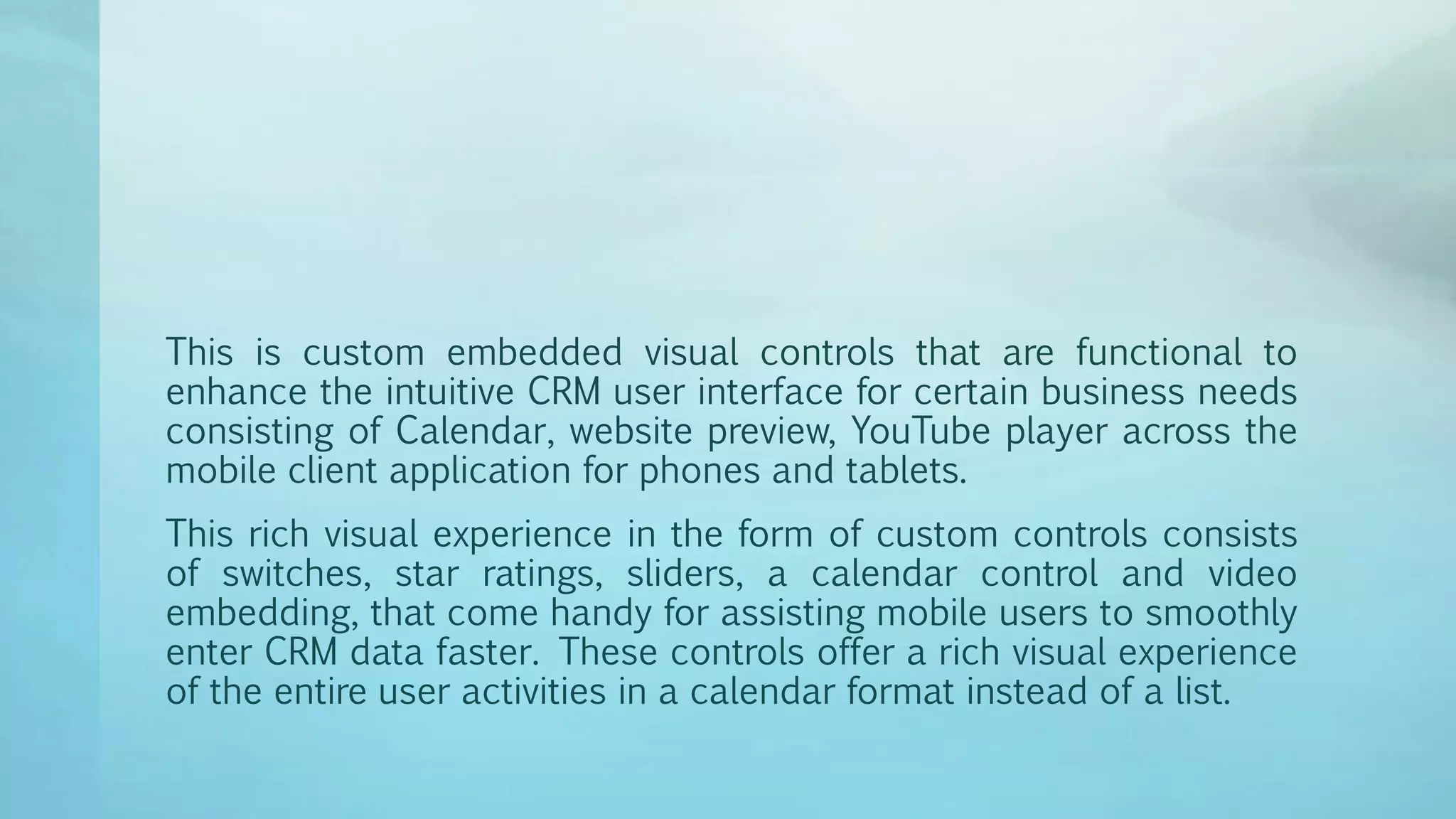 This is custom embedded visual controls that are functional to
enhance the intuitive CRM user interface for certain business needs
consisting of Calendar, website preview, YouTube player across the
mobile client application for phones and tablets.
This rich visual experience in the form of custom controls consists
of switches, star ratings, sliders, a calendar control and video
embedding, that come handy for assisting mobile users to smoothly
enter CRM data faster. These controls offer a rich visual experience
of the entire user activities in a calendar format instead of a list.
 