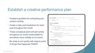 Establish a creative performance plan
• Created a guideline for scheduling your
content monthly.
• Create a daily post bre...