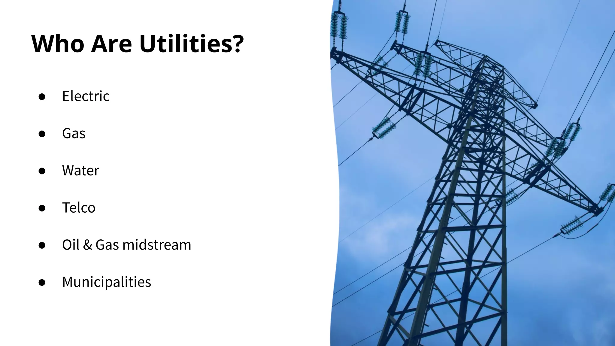 Who Are Utilities?
● Electric
● Gas
● Water
● Telco
● Oil & Gas midstream
● Municipalities
 