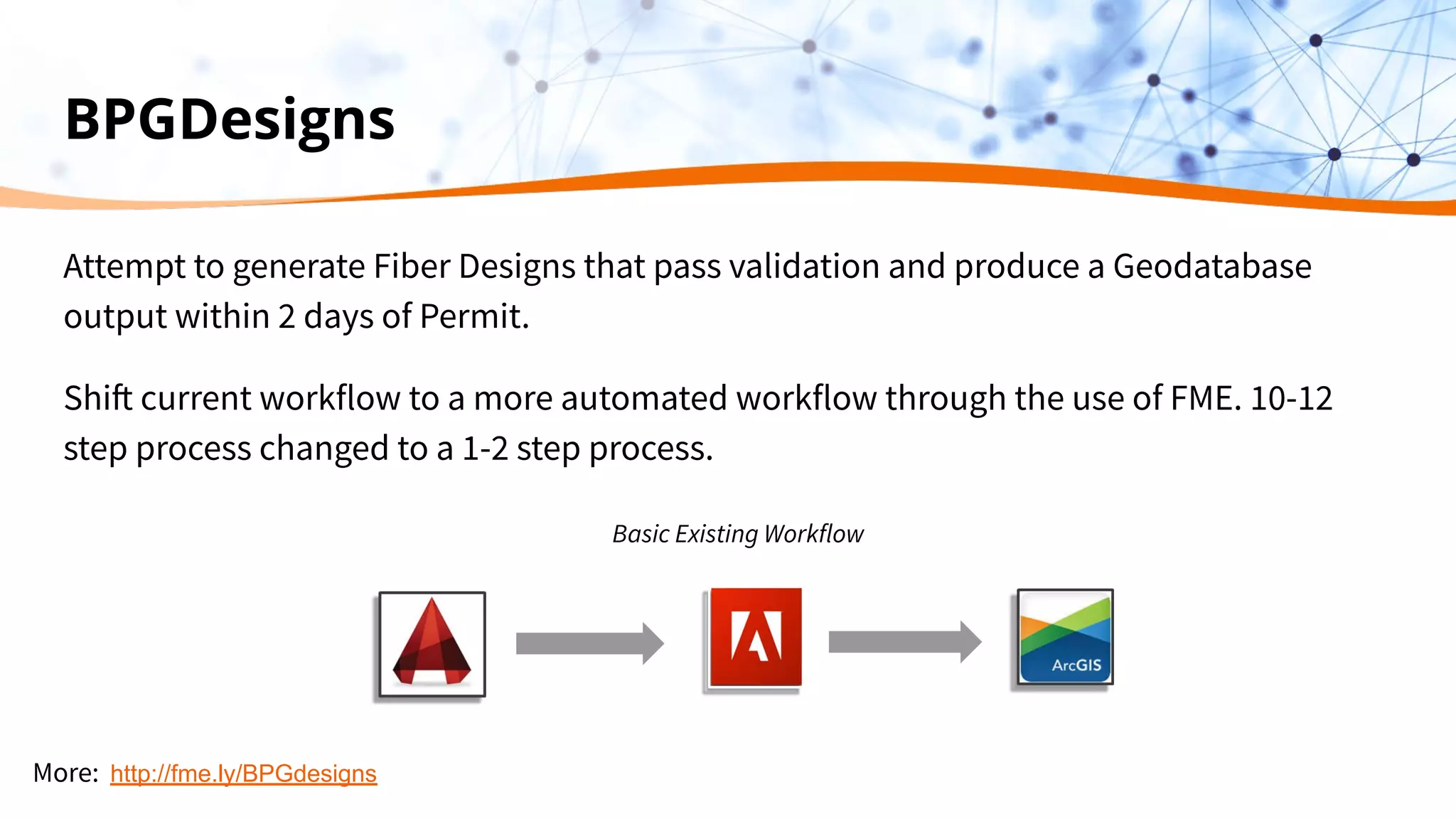 BPGDesigns
Attempt to generate Fiber Designs that pass validation and produce a Geodatabase
output within 2 days of Permit.
Shift current workflow to a more automated workflow through the use of FME. 10-12
step process changed to a 1-2 step process.
Basic Existing Workflow
More: http://fme.ly/BPGdesigns
 