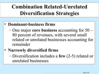 Combination Related-Unrelated Diversification Strategies Dominant-business firms One major  core business  accounting for 50 – 80 percent of revenues, with several small related or unrelated businesses accounting for remainder Narrowly diversified firms Diversification includes a  few  (2-5) related or unrelated businesses 