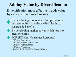 Adding Value by Diversification Diversification most effectively adds value by either of three mechanisms: By developing economies of scope between business units in the firms which leads to synergistic benefits By developing market power which leads to greater returns ECR (Efficient Consumer Response) Efficient Assortment Efficient Product Introduction Efficient Replenishment Efficient Promotion TOTAL ECR SCORE = Sum of 4 above 