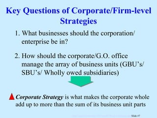 1. What businesses should the corporation/enterprise be in? 2. How should the corporate/G.O. office manage the array of business units (GBU’s/SBU’s/ Wholly owed subsidiaries) Corporate Strategy  is what makes the corporate whole add up to more than the sum of its business unit parts Key Questions of Corporate/Firm-level Strategies 