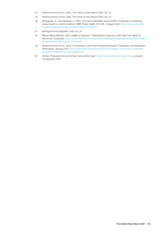 The Global Risks Report 2021 38
44	 World Economic Forum. 2020. The Future of Jobs Report 2020. Op. cit.
45	 World Economic Forum. 2020. The Future of Jobs Report 2020. Op. cit.
46	 Monaghesh, E., and Hajizadeh, A. 2020. “The role of telehealth during COVID-19 outbreak: a systematic
review based on current evidence.” BMC Public Health 20 (1193). 1 August 2020. https://bmcpublichealth.
biomedcentral.com/articles/10.1186/s12889-020-09301-4
47	 Monaghesh and Hajizadeh. 2020. Op. cit.
48	 Mercer Marsh Benefits. 2020. Health on Demand – Global Report. February 2020. New York: Marsh &
McLennan Companies. https://www.mercer.com/content/dam/mercer/attachments/private/gl-2020-health-on-
demand-global-report-28-jan-mercer.pdf
49	 World Economic Forum. 2019. “Civil Society in the Fourth Industrial Revolution: Preparation and Response”.
White Paper. January 2019. http://www3.weforum.org/docs/WEF_Civil_Society_in_the_Fourth_Industrial_
Revolution_Response_and_Innovation.pdf
50	 GitHub. “Repository for the German Corona Warn App“. https://github.com/corona-warn-app, accessed
15 December 2020.
 