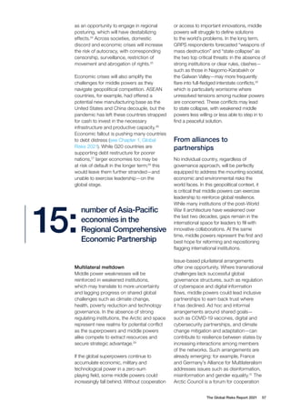 The Global Risks Report 2021 57
as an opportunity to engage in regional
posturing, which will have destabilizing
effects.24
Across societies, domestic
discord and economic crises will increase
the risk of autocracy, with corresponding
censorship, surveillance, restriction of
movement and abrogation of rights.25
Economic crises will also amplify the
challenges for middle powers as they
navigate geopolitical competition. ASEAN
countries, for example, had offered a
potential new manufacturing base as the
United States and China decouple, but the
pandemic has left these countries strapped
for cash to invest in the necessary
infrastructure and productive capacity.26
Economic fallout is pushing many countries
to debt distress (see Chapter 1, Global
Risks 2021). While G20 countries are
supporting debt restructure for poorer
nations,27
larger economies too may be
at risk of default in the longer term;28
this
would leave them further stranded—and
unable to exercise leadership—on the
global stage.
or access to important innovations, middle
powers will struggle to define solutions
to the world’s problems. In the long term,
GRPS respondents forecasted “weapons of
mass destruction” and “state collapse” as
the two top critical threats: in the absence of
strong institutions or clear rules, clashes—
such as those in Nagorno-Karabakh or
the Galwan Valley—may more frequently
flare into full-fledged interstate conflicts,30
which is particularly worrisome where
unresolved tensions among nuclear powers
are concerned. These conflicts may lead
to state collapse, with weakened middle
powers less willing or less able to step in to
find a peaceful solution.
From alliances to
partnerships
No individual country, regardless of
governance approach, will be perfectly
equipped to address the mounting societal,
economic and environmental risks the
world faces. In this geopolitical context, it
is critical that middle powers can exercise
leadership to reinforce global resilience.
While many institutions of the post–World
War II architecture have weakened over
the last two decades, gaps remain in the
international space for leaders to fill with
innovative collaborations. At the same
time, middle powers represent the first and
best hope for reforming and repositioning
flagging international institutions.
Issue-based plurilateral arrangements
offer one opportunity. Where transnational
challenges lack successful global
governance structures, such as regulation
of cyberspace and digital information
flows, middle powers could lead inclusive
partnerships to earn back trust where
it has declined. Ad hoc and informal
arrangements around shared goals—
such as COVID-19 vaccines, digital and
cybersecurity partnerships, and climate
change mitigation and adaptation—can
contribute to resilience between states by
increasing interactions among members
of the networks. Such arrangements are
already emerging: for example, France
and Germany’s Alliance for Multilateralism
addresses issues such as disinformation,
misinformation and gender equality.31
The
Arctic Council is a forum for cooperation
Multilateral meltdown
Middle power weaknesses will be
reinforced in weakened institutions,
which may translate to more uncertainty
and lagging progress on shared global
challenges such as climate change,
health, poverty reduction and technology
governance. In the absence of strong
regulating institutions, the Arctic and space
represent new realms for potential conflict
as the superpowers and middle powers
alike compete to extract resources and
secure strategic advantage.29
If the global superpowers continue to
accumulate economic, military and
technological power in a zero-sum
playing field, some middle powers could
increasingly fall behind. Without cooperation
number of Asia-Pacific
economies in the
Regional Comprehensive
Economic Partnership
15:
 