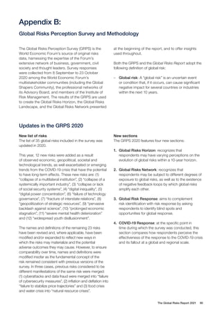 The Global Risks Report 2021 90
Appendix B:
Global Risks Perception Survey and Methodology
The Global Risks Perception Survey (GRPS) is the
World Economic Forum’s source of original risks
data, harnessing the expertise of the Forum’s
extensive network of business, government, civil
society and thought leaders. Survey responses
were collected from 8 September to 23 October
2020 among the World Economic Forum’s
multistakeholder communities (including the Global
Shapers Community), the professional networks of
its Advisory Board, and members of the Institute of
Risk Management. The results of the GRPS are used
to create the Global Risks Horizon, the Global Risks
Landscape, and the Global Risks Network presented
at the beginning of the report, and to offer insights
used throughout.
Both the GRPS and the Global Risks Report adopt the
following definition of global risk:
	
– Global risk: A “global risk” is an uncertain event
or condition that, if it occurs, can cause significant
negative impact for several countries or industries
within the next 10 years.
Updates in the GRPS 2020
New list of risks
The list of 35 global risks included in the survey was
updated in 2020.
This year, 12 new risks were added as a result
of observed economic, geopolitical, societal and
technological trends, as well exacerbated or emerging
trends from the COVID-19 crisis that have the potential
to have long-term effects. These new risks are: (1)
“collapse of a multilateral institution”, (2) “collapse of a
systemically important industry”, (3) “collapse or lack
of social security systems”, (4) “digital inequality”, (5)
“digital power concentration”, (6) “failure of technology
governance”, (7) “fracture of interstate relations”, (8)
“geopolitization of strategic resources”, (9) “pervasive
backlash against science”, (10) “prolonged economic
stagnation”, (11) “severe mental health deterioration”
and (12) “widespread youth disillusionment”.
The names and definitions of the remaining 23 risks
have been revised and, where applicable, have been
modified and/or expanded to reflect new ways in
which the risks may materialize and the potential
adverse outcomes they may cause. However, to ensure
comparability over time, names and definitions were
modified insofar as the fundamental concept of the
risk remained consistent with previous versions of the
survey. In three cases, previous risks considered to be
different manifestations of the same risk were merged:
(1) cyberattacks and data fraud were merged into “failure
of cybersecurity measures”, (2) inflation and deflation into
“failure to stabilize price trajectories” and (3) food crisis
and water crisis into “natural resource crises”.
New sections
The GRPS 2020 features four new sections:
1.	 Global Risks Horizon: recognizes that
respondents may have varying perceptions on the
evolution of global risks within a 10-year horizon.
2.	 Global Risks Network: recognizes that
respondents may be subject to different degrees of
exposure to global risks, as well as to the existence
of negative feedback loops by which global risks
amplify each other.
3.	 Global Risk Response: aims to complement
risk identification with risk response by asking
respondents to identify blind spots and
opportunities for global response.
4.	 COVID-19 Response: at the specific point in
time during which the survey was conducted, this
section compares how respondents perceive the
effectiveness of the response to the COVID-19 crisis
and its fallout at a global and regional scale.
 