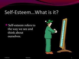 Self-Esteem…What is it?
Self-esteem refers to
the way we see and
think about
ourselves.
11/02/16 3Namrata
 
