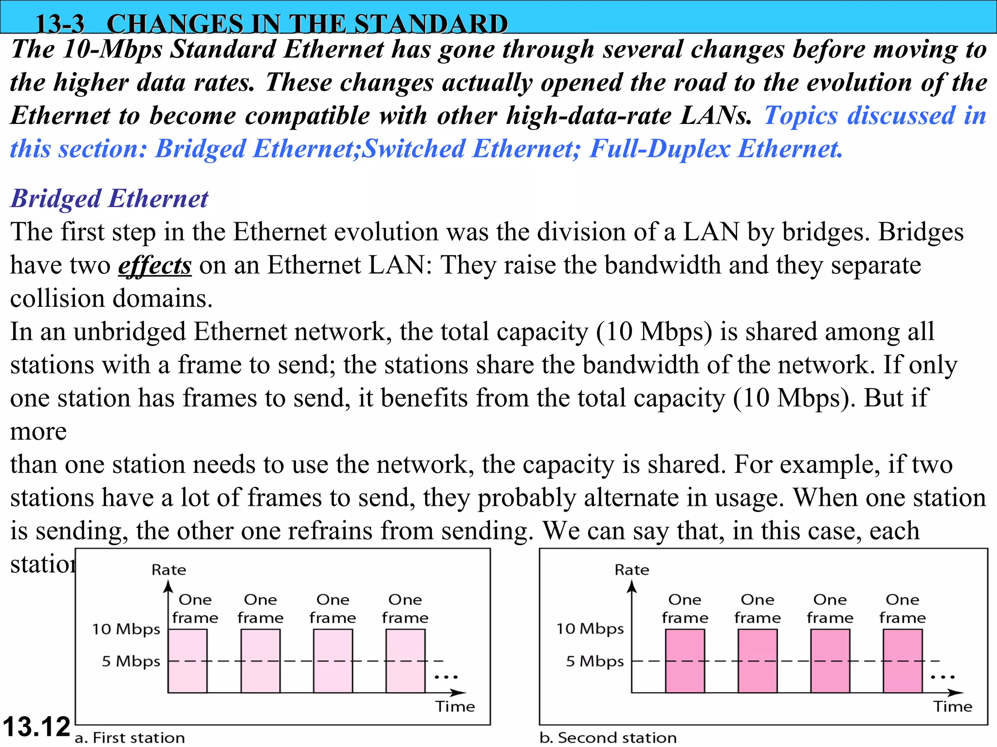 13-3  CHANGES IN THE STANDARD The 10-Mbps Standard Ethernet has gone through several changes before moving to the higher data rates. These changes actually opened the road to the evolution of the Ethernet to become compatible with other high-data-rate LANs.  Topics discussed in this section: Bridged Ethernet; Switched Ethernet; Full-Duplex Ethernet. Bridged Ethernet   The first step in the Ethernet evolution was the division of a LAN by bridges. Bridges  have two  effects  on an Ethernet LAN: They raise the bandwidth and they separate collision domains.  In an unbridged Ethernet network, the total capacity (10 Mbps) is shared among all stations with a frame to send; the stations share the bandwidth of the network. If only one station has frames to send, it benefits from the total capacity (10 Mbps). But if more  than one station needs to use the network, the capacity is shared. For example, if two  stations have a lot of frames to send, they probably alternate in usage. When one station  is sending, the other one refrains from sending. We can say that, in this case, each station on average, sends at a rate of 5 Mbps. Figure 13.14 shows the situation.  