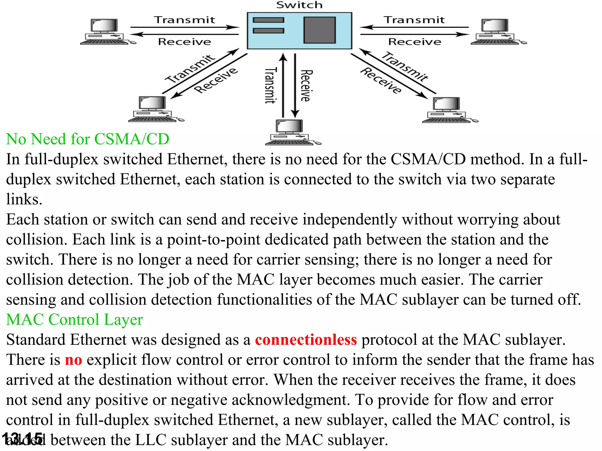 No Need for CSMA/CD   In full-duplex switched Ethernet, there is no need for the CSMA/CD method. In a full-  duplex switched Ethernet, each station is connected to the switch via two separate links. Each station or switch can send and receive independently without worrying about collision. Each link is a point-to-point dedicated path between the station and the switch. There is no longer a need for carrier sensing; there is no longer a need for collision detection. The job of the MAC layer becomes much easier. The carrier sensing and collision detection functionalities of the MAC sublayer can be turned off.  MAC Control Layer   Standard Ethernet was designed as a  connectionless  protocol at the MAC sublayer.  There is  no  explicit flow control or error control to inform the sender that the frame has  arrived at the destination without error. When the receiver receives the frame, it does  not send any positive or negative acknowledgment. To provide for flow and error control in full-duplex switched Ethernet, a new sublayer, called the MAC control, is added between the LLC sublayer and the MAC sublayer.  
