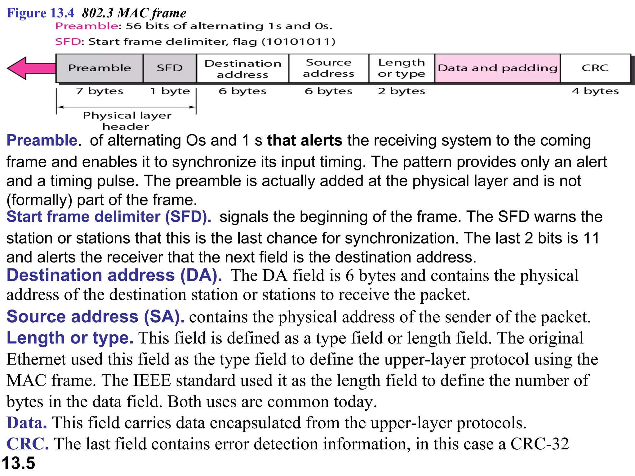 Figure 13.4  802.3 MAC frame Destination address (DA).   The DA field is 6 bytes and contains the physical  address of the destination station or stations to receive the packet. Preamble .   of alternating Os and 1 s  that alerts  the receiving system to the coming frame and enables it to synchronize its input timing. The pattern provides only an alert and a timing pulse. The preamble is actually added at the physical layer and is not (formally) part of the frame. Start frame delimiter (SFD).   signals the beginning of the frame. The SFD warns the station or stations that this is the last chance for synchronization. The last 2 bits is 11 and alerts the receiver that the next field is the destination address. Source address (SA).   contains the physical address of the sender of the packet.  Length or type.   This field is defined as a type field or length field. The original Ethernet used this field as the type field to define the upper-layer protocol using the MAC frame. The IEEE standard used it as the length field to define the number of bytes in the data field. Both uses are common today.  Data.  This field carries data encapsulated from the upper-layer protocols.   CRC.  The last field contains error detection information, in this case a CRC-32  