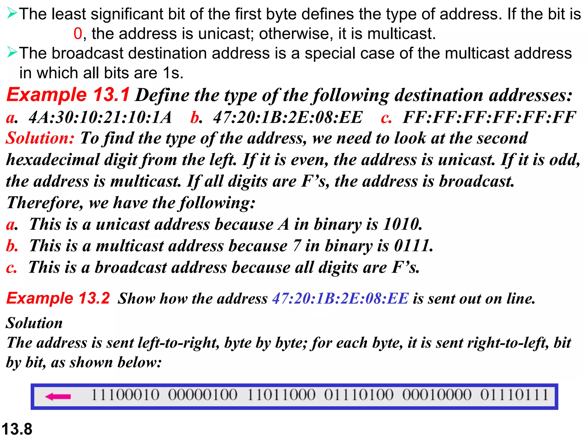 The least significant bit of the first byte defines the type of address. If the bit is  0 , the address is unicast; otherwise, it is multicast. The broadcast destination address is a special case of the multicast address  in which all bits are 1s. Example 13.1  Define the type of the following destination addresses: a .  4A:30:10:21:10:1A  b .  47:20:1B:2E:08:EE   c.   FF:FF:FF:FF:FF:FF Solution :   To find the type of the address, we need to look at the second hexadecimal digit from the left. If it is even, the address is unicast. If it is odd, the address is multicast. If all digits are F’s, the address is broadcast. Therefore, we have the following: a .  This is a unicast address because A in binary is 1010. b.   This is a multicast address because 7 in binary is 0111. c.   This is a broadcast address because all digits are F’s. Example 13.2  Show how the address  47:20:1B:2E:08:EE  is sent out on line. Solution The address is sent left-to-right, byte by byte; for each byte, it is sent right-to-left, bit by bit, as shown below: 