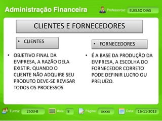 Turma: 2503-B Aula: 10 Pág: 10 a 17 Data: 18-jan-12 
2503-B 8 xxxxx 16-11-2013 
Instrutor: Ricardo Paladini Matos 
ELIELSO DIAS 
CLIENTES E FORNECEDORES 
• CLIENTES 
• OBJETIVO FINAL DA 
EMPRESA, A RAZÃO DELA 
EXISTIR. QUANDO O 
CLIENTE NÃO ADQUIRE SEU 
PRODUTO DEVE-SE REVISAR 
TODOS OS PROCESSOS. 
• FORNECEDORES 
• É A BASE DA PRODUÇÃO DA 
EMPRESA, A ESCOLHA DO 
FORNECEDOR CORRETO 
PODE DEFINIR LUCRO OU 
PREJUÍZO. 
 