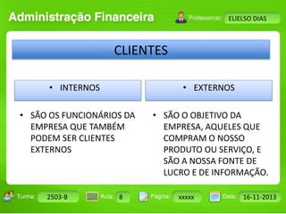Turma: 2503-B Aula: 10 Pág: 10 a 17 Data: 18-jan-12 
2503-B 8 xxxxx 16-11-2013 
Instrutor: Ricardo Paladini Matos 
ELIELSO DIAS 
CLIENTES 
• INTERNOS 
• SÃO OS FUNCIONÁRIOS DA 
EMPRESA QUE TAMBÉM 
PODEM SER CLIENTES 
EXTERNOS 
• EXTERNOS 
• SÃO O OBJETIVO DA 
EMPRESA, AQUELES QUE 
COMPRAM O NOSSO 
PRODUTO OU SERVIÇO, E 
SÃO A NOSSA FONTE DE 
LUCRO E DE INFORMAÇÃO. 
 
