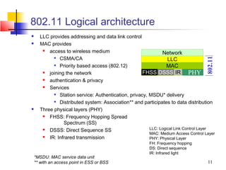 802.11 Logical architecture
     LLC provides addressing and data link control
     MAC provides
         access to wireless medium                           Network
             CSMA/CA




                                                                                    802.11
                                                                 LLC
             Priority based access (802.12)
                                                                MAC
         joining the network                        FHSS DSSS IR PHY
         authentication & privacy
         Services
             Station service: Authentication, privacy, MSDU* delivery

             Distributed system: Association** and participates to data distribution

     Three physical layers (PHY)
         FHSS: Frequency Hopping Spread
                 Spectrum (SS)
         DSSS: Direct Sequence SS                      LLC: Logical Link Control Layer
                                                        MAC: Medium Access Control Layer
         IR: Infrared transmission                     PHY: Physical Layer
                                                         FH: Frequency hopping
                                                         DS: Direct sequence
                                                         IR: Infrared light
    *MSDU: MAC service data unit
    ** with an access point in ESS or BSS                                            11
 
