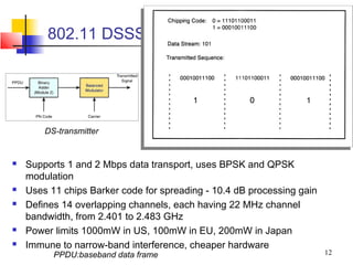 802.11 DSSS




        DS-transmitter


   Supports 1 and 2 Mbps data transport, uses BPSK and QPSK
    modulation
   Uses 11 chips Barker code for spreading - 10.4 dB processing gain
   Defines 14 overlapping channels, each having 22 MHz channel
    bandwidth, from 2.401 to 2.483 GHz
   Power limits 1000mW in US, 100mW in EU, 200mW in Japan
   Immune to narrow-band interference, cheaper hardware
          PPDU:baseband data frame                                      12
 