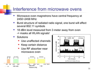 Interference from microwave ovens
                  Microwave oven magnetrons have central frequency at
                   2450~2458 MHz
                  Burst structure of radiated radio signal, one burst will affect
                   several 802.11 symbols
                  18 dBm level measured from 3 meter away from oven
                   -> masks all WLAN signals!
                  Solutions
                     Use unaffected channels

                     Keep certain distance

                     Use RF absorber near

                      microwave oven
 26 MHz       83.5 MHz             200 MHz            255 MHz




902   928   2400   2484     5150        5350   5470             5725 f/MHz

            100 mW            200 mW                  1W
                              indoors only
                                                                                     31
 