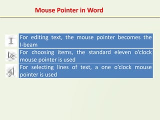 For editing text, the mouse pointer becomes the
I-beam
For choosing items, the standard eleven o’clock
mouse pointer is used
For selecting lines of text, a one o’clock mouse
pointer is used
Mouse Pointer in Word
 