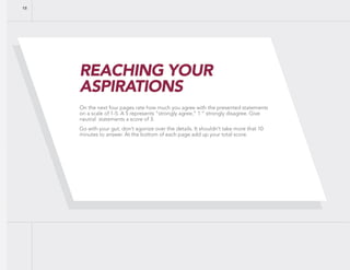 REACHING YOUR
ASPIRATIONS
On the next four pages rate how much you agree with the presented statements
on a scale of 1-5. A 5 represents “strongly agree,” 1 “ strongly disagree. Give
neutral statements a score of 3.
Go with your gut; don’t agonize over the details. It shouldn’t take more that 10
minutes to answer. At the bottom of each page add up your total score.
15
 