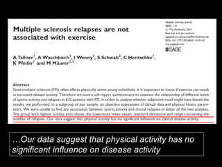 Særlige problemstillinger
Tallner et al. Mult Scler, 2011
…Our data suggest that physical activity has no
significant influence on disease activity
 
