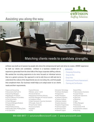 Assisting you along the way.




                                  Matching clients needs to candidate strengths.

enVision was built out of passion by people who share the entrepreneurial spirit and strive to create a WOW! experience
for both our clients and candidates. enVision is a business created out of                         SERVICES:
experience generated from the short falls of the large corporate staffing cultures.                - Temporary/Consulting
We wanted the recruiting experience to be more focused on individual service                       - Temp-to-Hire
than on a generic process. Our approach is not to only focus on skill sets but to                  - Direct Hire
understand the culture of the departments we are recruiting into, and find people                  - Continuous/Process Improvement:
that compliment them. Our business model helps us to adapt easier to our clients                   - Training and Certification:
needs and their requirements.

Finance and Accounting:                Financial Services:                         Information Technology:    General Office:
• Accountants Staff and Sr.            • Brokers, series 7 and 6                   • Software Developers      • Administrative Assistants
• Accounting Managers                  • Financial Advisors                        • Programmers              • Custom Service
• Bookkeepers • Auditors               • Registered Investment Advisors            • Web Developers           • Call Center Operations
• CFO • Collectors • Controllers       • Portfolio Managers • Financial Analysts   • Software Engineers       • Data Entry
• Cost Accountants                     • Compliance officers                       • Systems Analysts         • Marketing
• Credit Managers                      • Sales Assistants/ Executive Assistants    • Business Analysts        • Sales
• Financial Managers/Analysts          • Principals, Series 24                     • Quality Assurance        • Office Managers
• Payable Clerks                       • Fixed Income Traders                      • Systems Programmers      • Purchasing
• Payroll Administrators               • Fund accountants                          • Technical Support        • Procurement • HR
• Receivable Clerks • Billing Clerks   • Analysts                                  • Technical Liaison        • Compensation analysts
• Tax Specialists                      • CFA’s                                     • Network Support          • Recruiting


             954-839-8477 I solutions@envisionfl.com I www.envisionfl.com
 