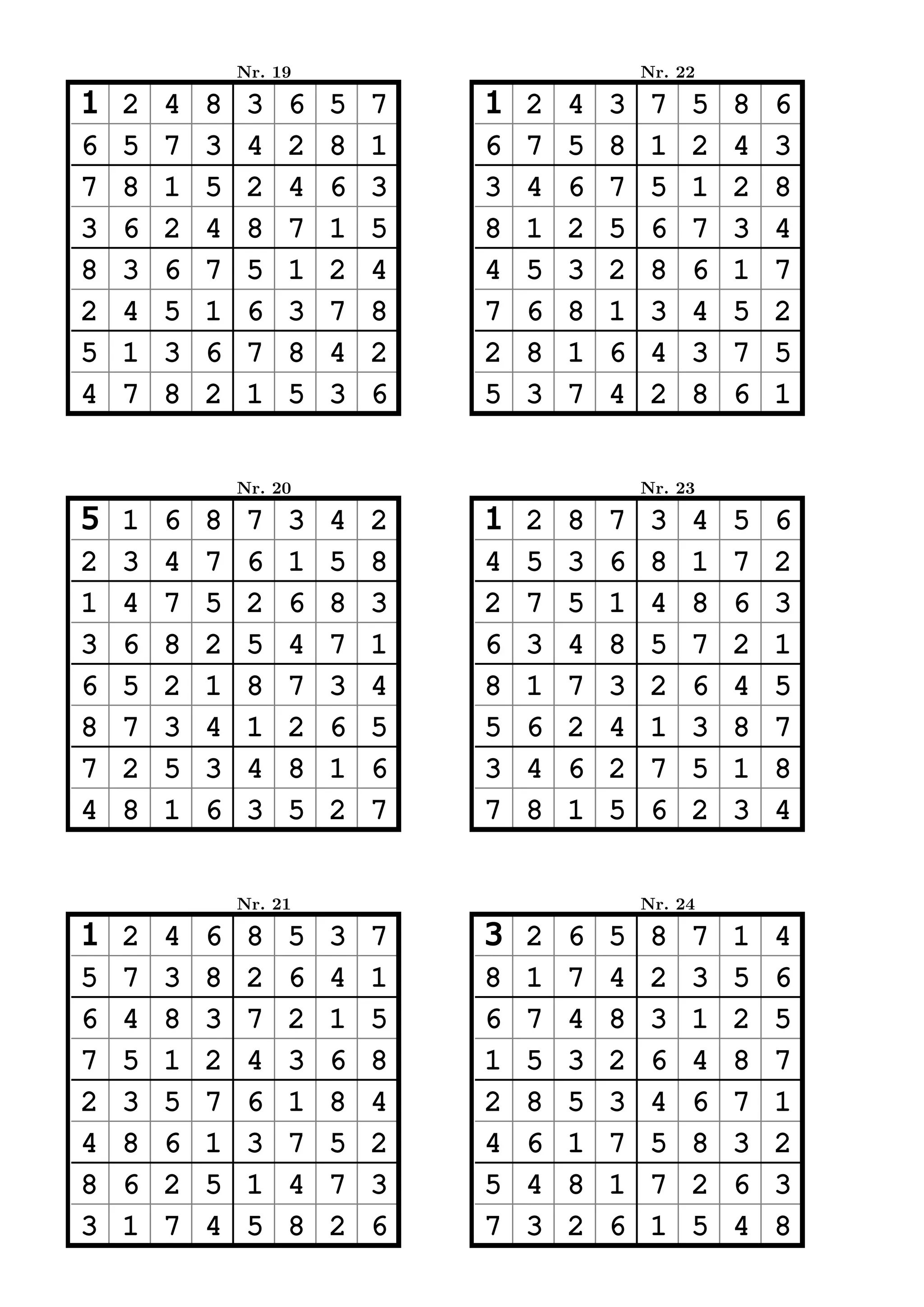 Nr. 19                           Nr. 22

1   2   4   8    3   6   5   7   1   2   4   3    7   5   8   6
6   5   7   3    4   2   8   1   6   7   5   8    1   2   4   3
7   8   1   5    2   4   6   3   3   4   6   7    5   1   2   8
3   6   2   4    8   7   1   5   8   1   2   5    6   7   3   4
8   3   6   7    5   1   2   4   4   5   3   2    8   6   1   7
2   4   5   1    6   3   7   8   7   6   8   1    3   4   5   2
5   1   3   6    7   8   4   2   2   8   1   6    4   3   7   5
4   7   8   2    1   5   3   6   5   3   7   4    2   8   6   1


                Nr. 20                           Nr. 23

5   1   6   8    7   3   4   2   1   2   8   7    3   4   5   6
2   3   4   7    6   1   5   8   4   5   3   6    8   1   7   2
1   4   7   5    2   6   8   3   2   7   5   1    4   8   6   3
3   6   8   2    5   4   7   1   6   3   4   8    5   7   2   1
6   5   2   1    8   7   3   4   8   1   7   3    2   6   4   5
8   7   3   4    1   2   6   5   5   6   2   4    1   3   8   7
7   2   5   3    4   8   1   6   3   4   6   2    7   5   1   8
4   8   1   6    3   5   2   7   7   8   1   5    6   2   3   4


                Nr. 21                           Nr. 24

1   2   4   6    8   5   3   7   3   2   6   5    8   7   1   4
5   7   3   8    2   6   4   1   8   1   7   4    2   3   5   6
6   4   8   3    7   2   1   5   6   7   4   8    3   1   2   5
7   5   1   2    4   3   6   8   1   5   3   2    6   4   8   7
2   3   5   7    6   1   8   4   2   8   5   3    4   6   7   1
4   8   6   1    3   7   5   2   4   6   1   7    5   8   3   2
8   6   2   5    1   4   7   3   5   4   8   1    7   2   6   3
3   1   7   4    5   8   2   6   7   3   2   6    1   5   4   8
 