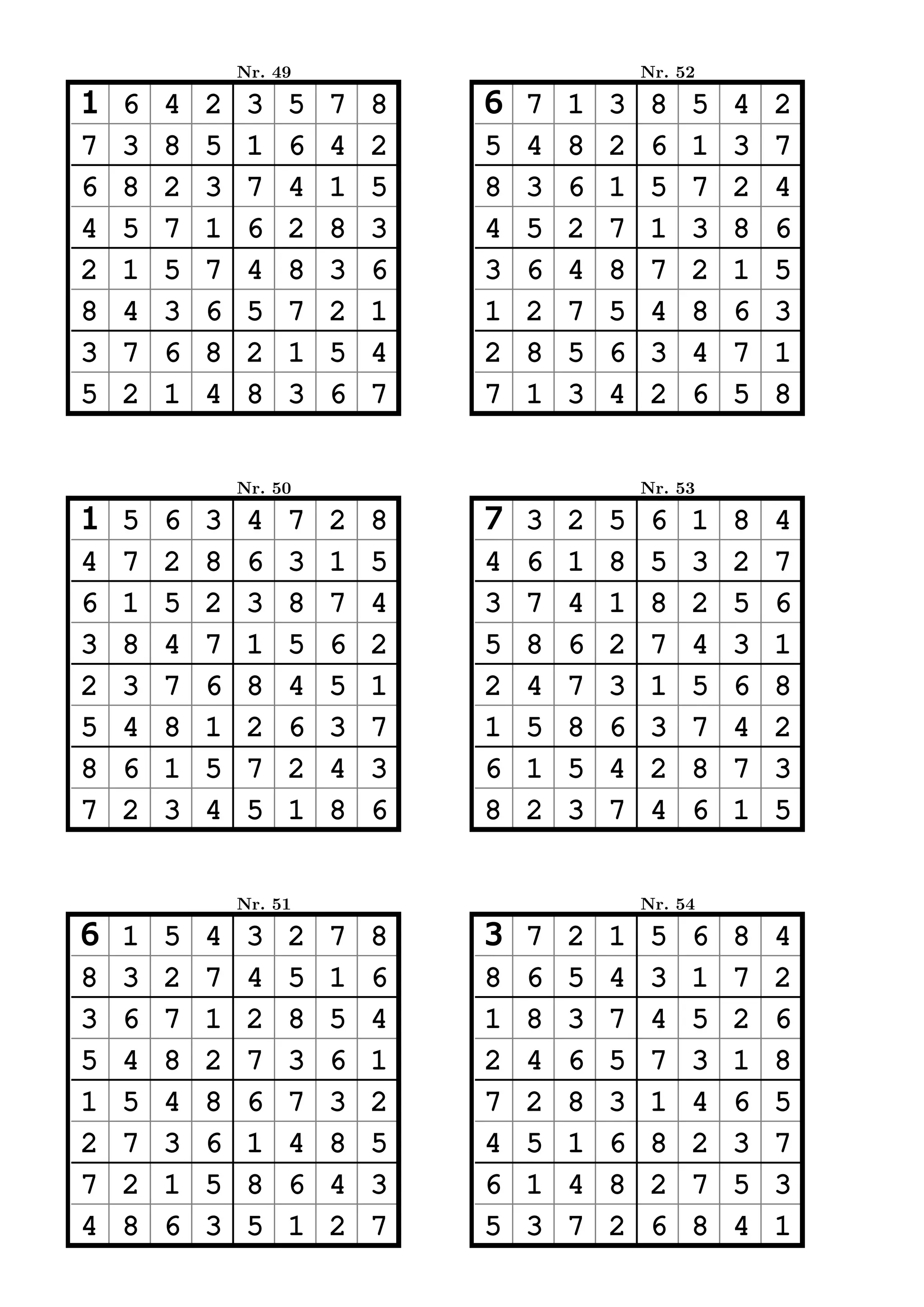 Nr. 49                           Nr. 52

1   6   4   2    3   5   7   8   6   7   1   3    8   5   4   2
7   3   8   5    1   6   4   2   5   4   8   2    6   1   3   7
6   8   2   3    7   4   1   5   8   3   6   1    5   7   2   4
4   5   7   1    6   2   8   3   4   5   2   7    1   3   8   6
2   1   5   7    4   8   3   6   3   6   4   8    7   2   1   5
8   4   3   6    5   7   2   1   1   2   7   5    4   8   6   3
3   7   6   8    2   1   5   4   2   8   5   6    3   4   7   1
5   2   1   4    8   3   6   7   7   1   3   4    2   6   5   8


                Nr. 50                           Nr. 53

1   5   6   3    4   7   2   8   7   3   2   5    6   1   8   4
4   7   2   8    6   3   1   5   4   6   1   8    5   3   2   7
6   1   5   2    3   8   7   4   3   7   4   1    8   2   5   6
3   8   4   7    1   5   6   2   5   8   6   2    7   4   3   1
2   3   7   6    8   4   5   1   2   4   7   3    1   5   6   8
5   4   8   1    2   6   3   7   1   5   8   6    3   7   4   2
8   6   1   5    7   2   4   3   6   1   5   4    2   8   7   3
7   2   3   4    5   1   8   6   8   2   3   7    4   6   1   5


                Nr. 51                           Nr. 54

6   1   5   4    3   2   7   8   3   7   2   1    5   6   8   4
8   3   2   7    4   5   1   6   8   6   5   4    3   1   7   2
3   6   7   1    2   8   5   4   1   8   3   7    4   5   2   6
5   4   8   2    7   3   6   1   2   4   6   5    7   3   1   8
1   5   4   8    6   7   3   2   7   2   8   3    1   4   6   5
2   7   3   6    1   4   8   5   4   5   1   6    8   2   3   7
7   2   1   5    8   6   4   3   6   1   4   8    2   7   5   3
4   8   6   3    5   1   2   7   5   3   7   2    6   8   4   1
 