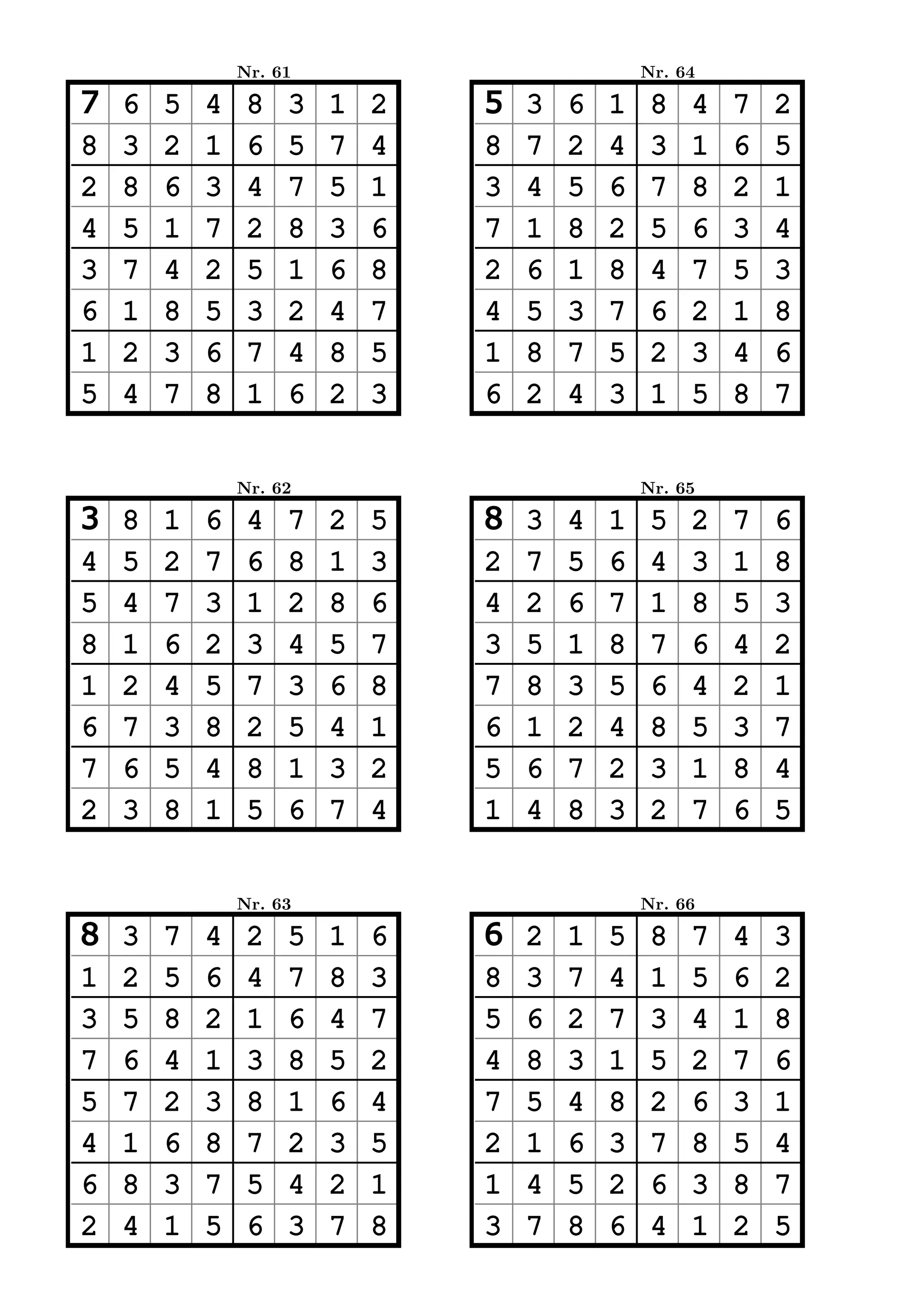 Nr. 61                           Nr. 64

7   6   5   4    8   3   1   2   5   3   6   1    8   4   7   2
8   3   2   1    6   5   7   4   8   7   2   4    3   1   6   5
2   8   6   3    4   7   5   1   3   4   5   6    7   8   2   1
4   5   1   7    2   8   3   6   7   1   8   2    5   6   3   4
3   7   4   2    5   1   6   8   2   6   1   8    4   7   5   3
6   1   8   5    3   2   4   7   4   5   3   7    6   2   1   8
1   2   3   6    7   4   8   5   1   8   7   5    2   3   4   6
5   4   7   8    1   6   2   3   6   2   4   3    1   5   8   7


                Nr. 62                           Nr. 65

3   8   1   6    4   7   2   5   8   3   4   1    5   2   7   6
4   5   2   7    6   8   1   3   2   7   5   6    4   3   1   8
5   4   7   3    1   2   8   6   4   2   6   7    1   8   5   3
8   1   6   2    3   4   5   7   3   5   1   8    7   6   4   2
1   2   4   5    7   3   6   8   7   8   3   5    6   4   2   1
6   7   3   8    2   5   4   1   6   1   2   4    8   5   3   7
7   6   5   4    8   1   3   2   5   6   7   2    3   1   8   4
2   3   8   1    5   6   7   4   1   4   8   3    2   7   6   5


                Nr. 63                           Nr. 66

8   3   7   4    2   5   1   6   6   2   1   5    8   7   4   3
1   2   5   6    4   7   8   3   8   3   7   4    1   5   6   2
3   5   8   2    1   6   4   7   5   6   2   7    3   4   1   8
7   6   4   1    3   8   5   2   4   8   3   1    5   2   7   6
5   7   2   3    8   1   6   4   7   5   4   8    2   6   3   1
4   1   6   8    7   2   3   5   2   1   6   3    7   8   5   4
6   8   3   7    5   4   2   1   1   4   5   2    6   3   8   7
2   4   1   5    6   3   7   8   3   7   8   6    4   1   2   5
 
