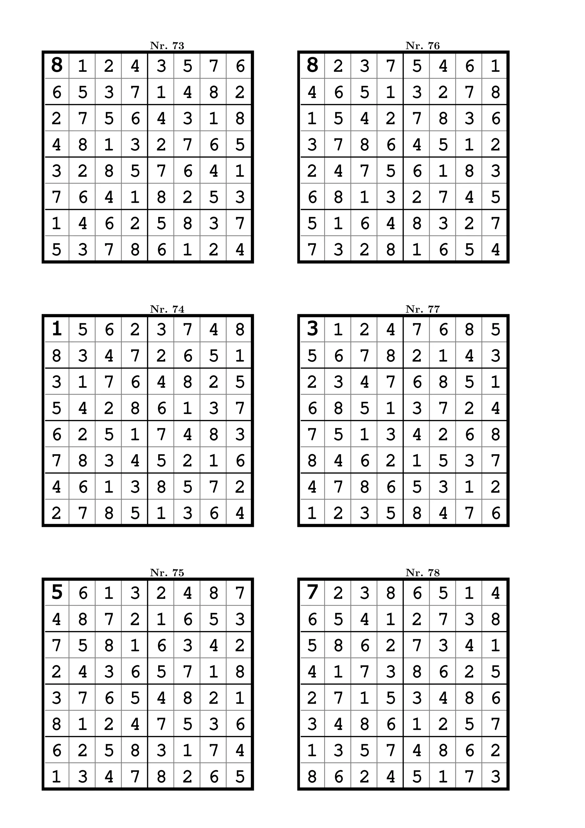 Nr. 73                           Nr. 76

8   1   2   4    3   5   7   6   8   2   3   7    5   4   6   1
6   5   3   7    1   4   8   2   4   6   5   1    3   2   7   8
2   7   5   6    4   3   1   8   1   5   4   2    7   8   3   6
4   8   1   3    2   7   6   5   3   7   8   6    4   5   1   2
3   2   8   5    7   6   4   1   2   4   7   5    6   1   8   3
7   6   4   1    8   2   5   3   6   8   1   3    2   7   4   5
1   4   6   2    5   8   3   7   5   1   6   4    8   3   2   7
5   3   7   8    6   1   2   4   7   3   2   8    1   6   5   4


                Nr. 74                           Nr. 77

1   5   6   2    3   7   4   8   3   1   2   4    7   6   8   5
8   3   4   7    2   6   5   1   5   6   7   8    2   1   4   3
3   1   7   6    4   8   2   5   2   3   4   7    6   8   5   1
5   4   2   8    6   1   3   7   6   8   5   1    3   7   2   4
6   2   5   1    7   4   8   3   7   5   1   3    4   2   6   8
7   8   3   4    5   2   1   6   8   4   6   2    1   5   3   7
4   6   1   3    8   5   7   2   4   7   8   6    5   3   1   2
2   7   8   5    1   3   6   4   1   2   3   5    8   4   7   6


                Nr. 75                           Nr. 78

5   6   1   3    2   4   8   7   7   2   3   8    6   5   1   4
4   8   7   2    1   6   5   3   6   5   4   1    2   7   3   8
7   5   8   1    6   3   4   2   5   8   6   2    7   3   4   1
2   4   3   6    5   7   1   8   4   1   7   3    8   6   2   5
3   7   6   5    4   8   2   1   2   7   1   5    3   4   8   6
8   1   2   4    7   5   3   6   3   4   8   6    1   2   5   7
6   2   5   8    3   1   7   4   1   3   5   7    4   8   6   2
1   3   4   7    8   2   6   5   8   6   2   4    5   1   7   3
 
