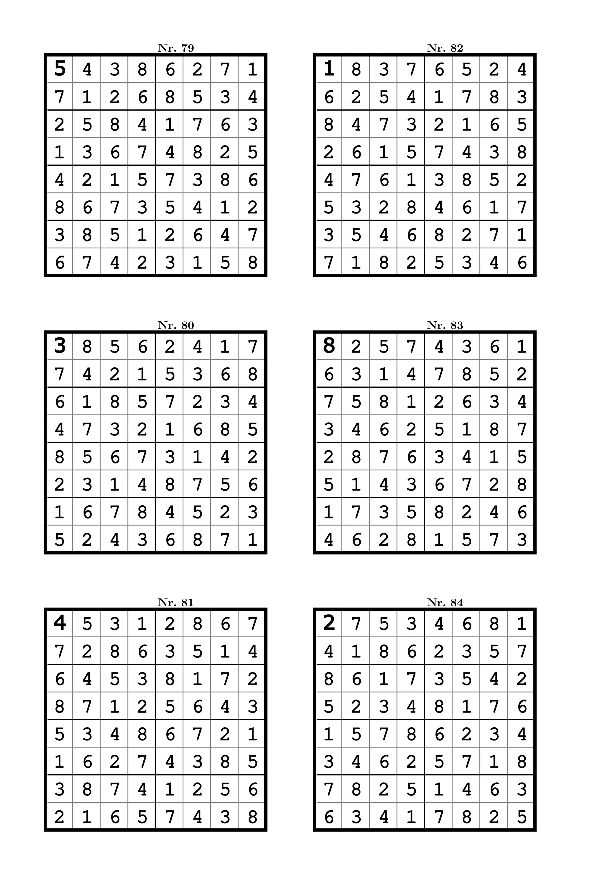 Nr. 79                           Nr. 82

5   4   3   8    6   2   7   1   1   8   3   7    6   5   2   4
7   1   2   6    8   5   3   4   6   2   5   4    1   7   8   3
2   5   8   4    1   7   6   3   8   4   7   3    2   1   6   5
1   3   6   7    4   8   2   5   2   6   1   5    7   4   3   8
4   2   1   5    7   3   8   6   4   7   6   1    3   8   5   2
8   6   7   3    5   4   1   2   5   3   2   8    4   6   1   7
3   8   5   1    2   6   4   7   3   5   4   6    8   2   7   1
6   7   4   2    3   1   5   8   7   1   8   2    5   3   4   6


                Nr. 80                           Nr. 83

3   8   5   6    2   4   1   7   8   2   5   7    4   3   6   1
7   4   2   1    5   3   6   8   6   3   1   4    7   8   5   2
6   1   8   5    7   2   3   4   7   5   8   1    2   6   3   4
4   7   3   2    1   6   8   5   3   4   6   2    5   1   8   7
8   5   6   7    3   1   4   2   2   8   7   6    3   4   1   5
2   3   1   4    8   7   5   6   5   1   4   3    6   7   2   8
1   6   7   8    4   5   2   3   1   7   3   5    8   2   4   6
5   2   4   3    6   8   7   1   4   6   2   8    1   5   7   3


                Nr. 81                           Nr. 84

4   5   3   1    2   8   6   7   2   7   5   3    4   6   8   1
7   2   8   6    3   5   1   4   4   1   8   6    2   3   5   7
6   4   5   3    8   1   7   2   8   6   1   7    3   5   4   2
8   7   1   2    5   6   4   3   5   2   3   4    8   1   7   6
5   3   4   8    6   7   2   1   1   5   7   8    6   2   3   4
1   6   2   7    4   3   8   5   3   4   6   2    5   7   1   8
3   8   7   4    1   2   5   6   7   8   2   5    1   4   6   3
2   1   6   5    7   4   3   8   6   3   4   1    7   8   2   5
 