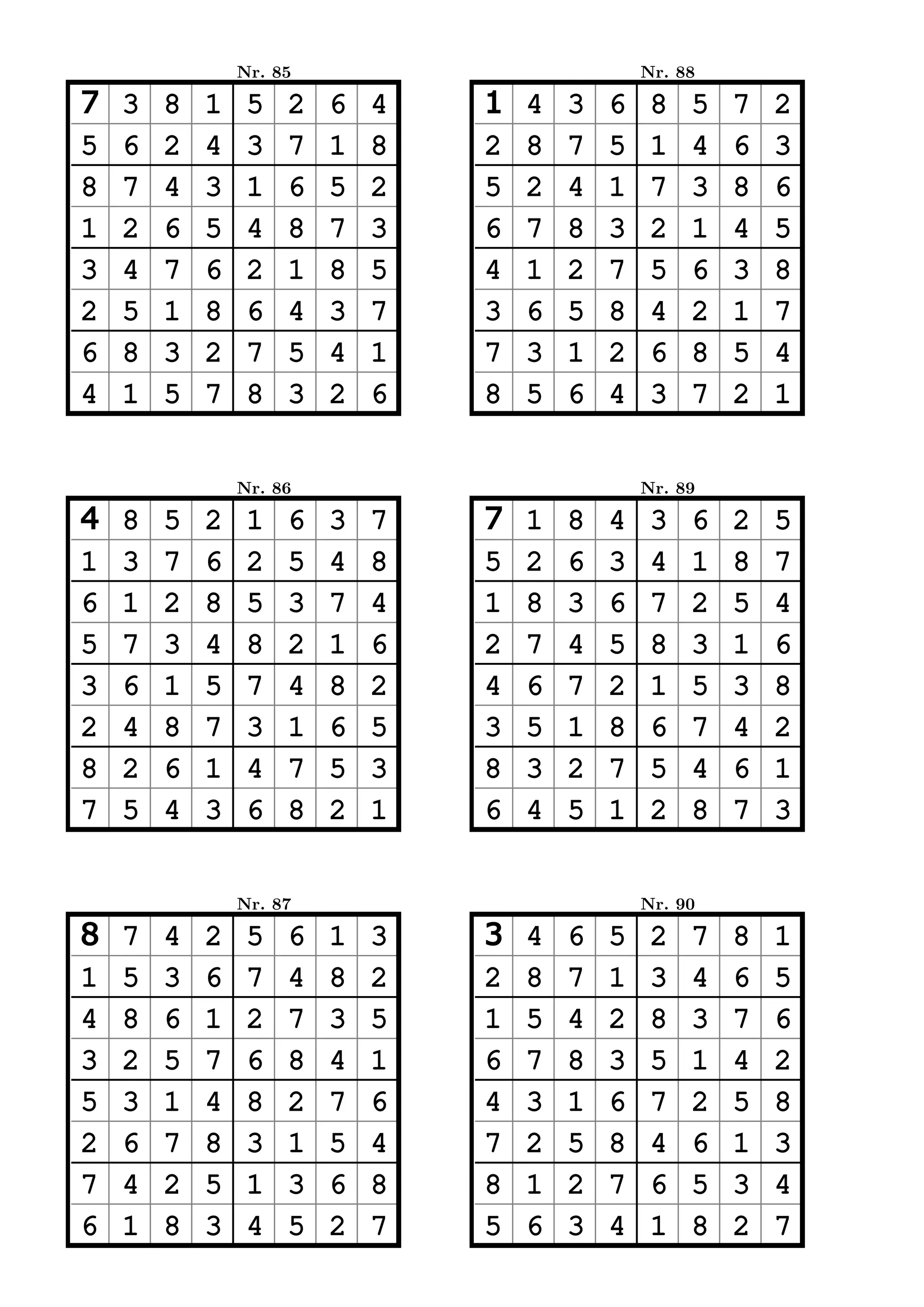 Nr. 85                           Nr. 88

7   3   8   1    5   2   6   4   1   4   3   6    8   5   7   2
5   6   2   4    3   7   1   8   2   8   7   5    1   4   6   3
8   7   4   3    1   6   5   2   5   2   4   1    7   3   8   6
1   2   6   5    4   8   7   3   6   7   8   3    2   1   4   5
3   4   7   6    2   1   8   5   4   1   2   7    5   6   3   8
2   5   1   8    6   4   3   7   3   6   5   8    4   2   1   7
6   8   3   2    7   5   4   1   7   3   1   2    6   8   5   4
4   1   5   7    8   3   2   6   8   5   6   4    3   7   2   1


                Nr. 86                           Nr. 89

4   8   5   2    1   6   3   7   7   1   8   4    3   6   2   5
1   3   7   6    2   5   4   8   5   2   6   3    4   1   8   7
6   1   2   8    5   3   7   4   1   8   3   6    7   2   5   4
5   7   3   4    8   2   1   6   2   7   4   5    8   3   1   6
3   6   1   5    7   4   8   2   4   6   7   2    1   5   3   8
2   4   8   7    3   1   6   5   3   5   1   8    6   7   4   2
8   2   6   1    4   7   5   3   8   3   2   7    5   4   6   1
7   5   4   3    6   8   2   1   6   4   5   1    2   8   7   3


                Nr. 87                           Nr. 90

8   7   4   2    5   6   1   3   3   4   6   5    2   7   8   1
1   5   3   6    7   4   8   2   2   8   7   1    3   4   6   5
4   8   6   1    2   7   3   5   1   5   4   2    8   3   7   6
3   2   5   7    6   8   4   1   6   7   8   3    5   1   4   2
5   3   1   4    8   2   7   6   4   3   1   6    7   2   5   8
2   6   7   8    3   1   5   4   7   2   5   8    4   6   1   3
7   4   2   5    1   3   6   8   8   1   2   7    6   5   3   4
6   1   8   3    4   5   2   7   5   6   3   4    1   8   2   7
 