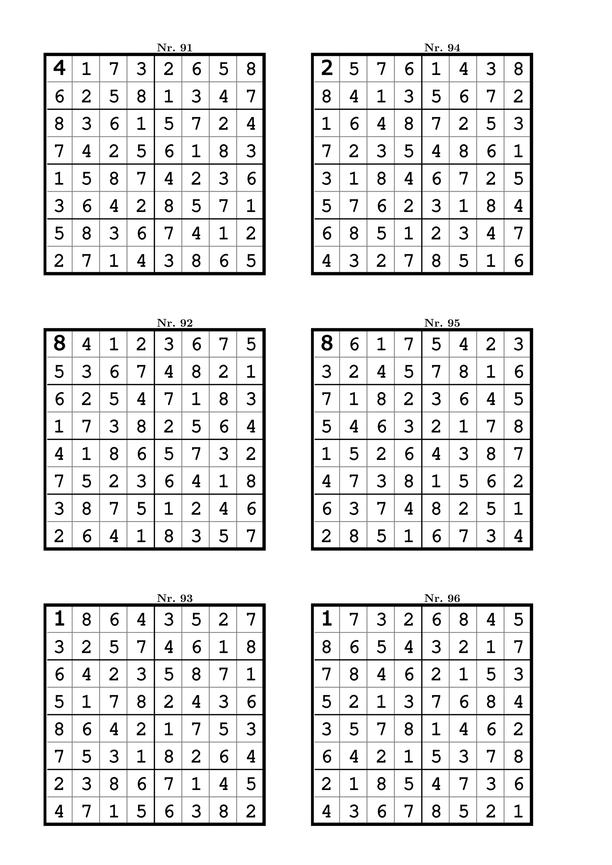 Nr. 91                           Nr. 94

4   1   7   3    2   6   5   8   2   5   7   6    1   4   3   8
6   2   5   8    1   3   4   7   8   4   1   3    5   6   7   2
8   3   6   1    5   7   2   4   1   6   4   8    7   2   5   3
7   4   2   5    6   1   8   3   7   2   3   5    4   8   6   1
1   5   8   7    4   2   3   6   3   1   8   4    6   7   2   5
3   6   4   2    8   5   7   1   5   7   6   2    3   1   8   4
5   8   3   6    7   4   1   2   6   8   5   1    2   3   4   7
2   7   1   4    3   8   6   5   4   3   2   7    8   5   1   6


                Nr. 92                           Nr. 95

8   4   1   2    3   6   7   5   8   6   1   7    5   4   2   3
5   3   6   7    4   8   2   1   3   2   4   5    7   8   1   6
6   2   5   4    7   1   8   3   7   1   8   2    3   6   4   5
1   7   3   8    2   5   6   4   5   4   6   3    2   1   7   8
4   1   8   6    5   7   3   2   1   5   2   6    4   3   8   7
7   5   2   3    6   4   1   8   4   7   3   8    1   5   6   2
3   8   7   5    1   2   4   6   6   3   7   4    8   2   5   1
2   6   4   1    8   3   5   7   2   8   5   1    6   7   3   4


                Nr. 93                           Nr. 96

1   8   6   4    3   5   2   7   1   7   3   2    6   8   4   5
3   2   5   7    4   6   1   8   8   6   5   4    3   2   1   7
6   4   2   3    5   8   7   1   7   8   4   6    2   1   5   3
5   1   7   8    2   4   3   6   5   2   1   3    7   6   8   4
8   6   4   2    1   7   5   3   3   5   7   8    1   4   6   2
7   5   3   1    8   2   6   4   6   4   2   1    5   3   7   8
2   3   8   6    7   1   4   5   2   1   8   5    4   7   3   6
4   7   1   5    6   3   8   2   4   3   6   7    8   5   2   1
 