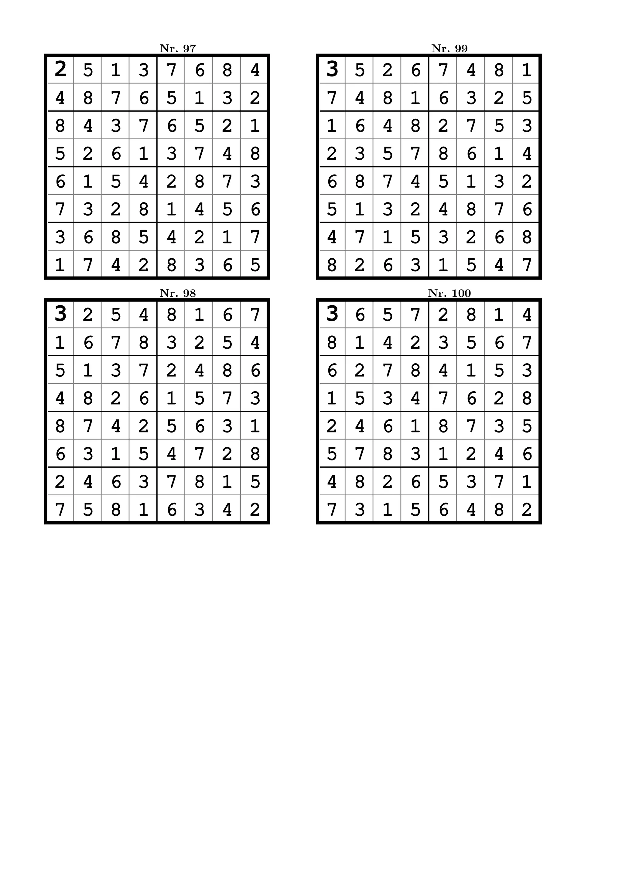 Nr. 97                           Nr. 99

2   5   1   3    7   6   8   4   3   5   2   6    7    4   8   1
4   8   7   6    5   1   3   2   7   4   8   1    6    3   2   5
8   4   3   7    6   5   2   1   1   6   4   8    2    7   5   3
5   2   6   1    3   7   4   8   2   3   5   7    8    6   1   4
6   1   5   4    2   8   7   3   6   8   7   4    5    1   3   2
7   3   2   8    1   4   5   6   5   1   3   2    4    8   7   6
3   6   8   5    4   2   1   7   4   7   1   5    3    2   6   8
1   7   4   2    8   3   6   5   8   2   6   3    1    5   4   7
                Nr. 98                           Nr. 100

3   2   5   4    8   1   6   7   3   6   5   7    2    8   1   4
1   6   7   8    3   2   5   4   8   1   4   2    3    5   6   7
5   1   3   7    2   4   8   6   6   2   7   8    4    1   5   3
4   8   2   6    1   5   7   3   1   5   3   4    7    6   2   8
8   7   4   2    5   6   3   1   2   4   6   1    8    7   3   5
6   3   1   5    4   7   2   8   5   7   8   3    1    2   4   6
2   4   6   3    7   8   1   5   4   8   2   6    5    3   7   1
7   5   8   1    6   3   4   2   7   3   1   5    6    4   8   2
 