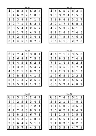 Nr. 67                           Nr. 70

1   7   8   3    4   6   2   5   1   4   6   5    7   8   3   2
5   4   6   2    7   1   8   3   7   8   3   2    4   1   5   6
6   5   3   8    2   7   1   4   5   6   8   4    1   3   2   7
4   2   7   1    8   5   3   6   3   2   1   7    6   5   8   4
8   3   5   4    1   2   6   7   4   7   5   3    2   6   1   8
2   6   1   7    3   4   5   8   8   1   2   6    3   7   4   5
7   8   2   6    5   3   4   1   2   3   7   8    5   4   6   1
3   1   4   5    6   8   7   2   6   5   4   1    8   2   7   3


                Nr. 68                           Nr. 71

5   2   7   4    6   3   8   1   4   6   7   1    2   3   5   8
1   3   6   8    2   7   5   4   5   2   8   3    6   7   4   1
7   8   4   5    1   6   2   3   7   8   1   4    5   6   2   3
6   1   3   2    8   5   4   7   2   5   3   6    8   1   7   4
4   5   2   1    3   8   7   6   3   4   2   5    7   8   1   6
3   7   8   6    5   4   1   2   1   7   6   8    4   2   3   5
8   4   1   3    7   2   6   5   8   1   4   2    3   5   6   7
2   6   5   7    4   1   3   8   6   3   5   7    1   4   8   2


                Nr. 69                           Nr. 72

8   4   3   1    5   2   6   7   8   3   7   4    6   5   1   2
6   7   2   5    1   3   4   8   5   6   2   1    3   7   8   4
5   3   1   8    6   7   2   4   7   1   4   8    2   3   6   5
4   2   7   6    3   8   5   1   3   5   6   2    1   8   4   7
1   5   8   2    4   6   7   3   4   8   1   3    7   2   5   6
7   6   4   3    2   1   8   5   2   7   5   6    4   1   3   8
3   8   6   4    7   5   1   2   1   4   8   7    5   6   2   3
2   1   5   7    8   4   3   6   6   2   3   5    8   4   7   1
 