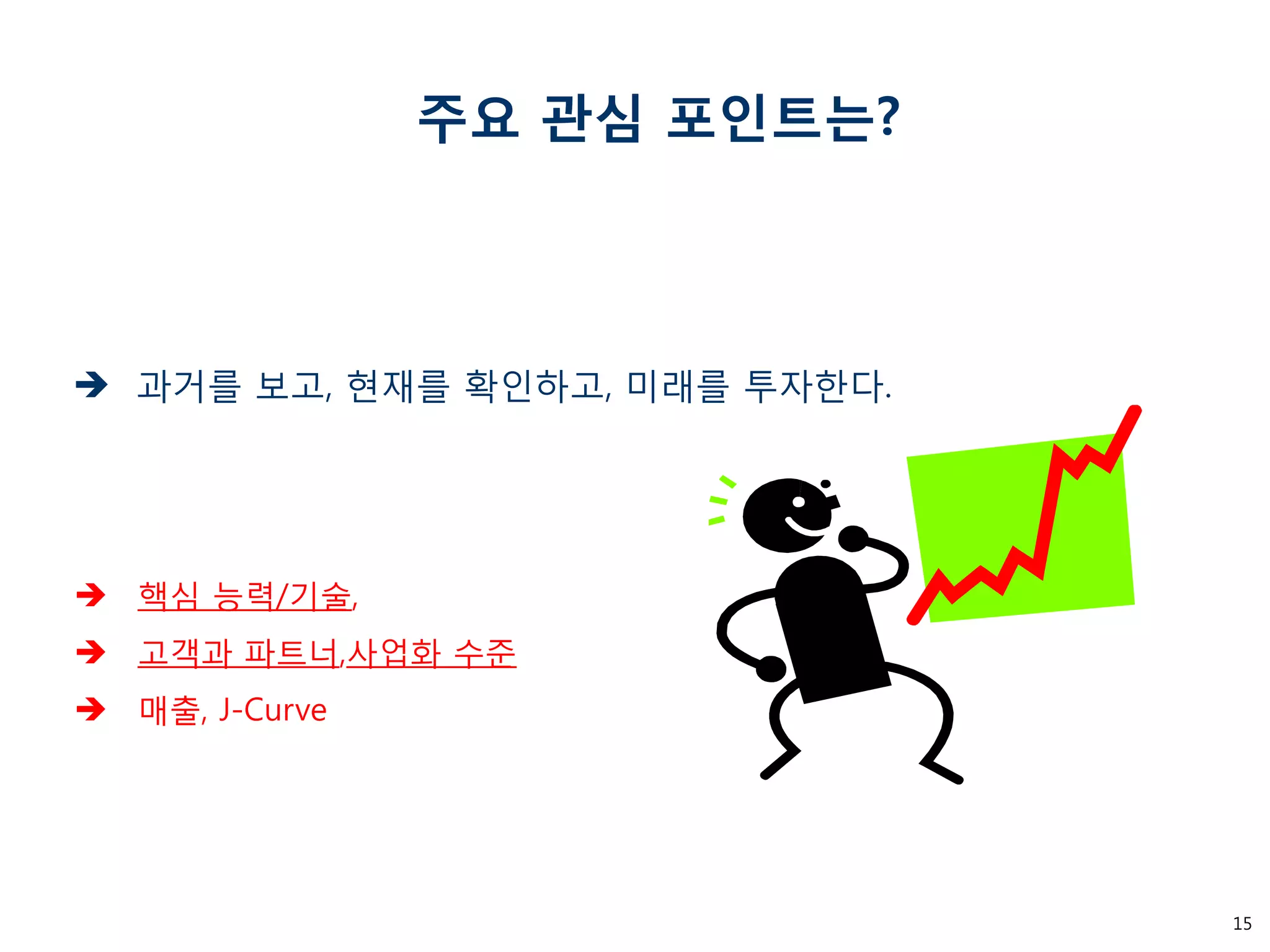 15 
 과거를 보고, 현재를 확인하고, 미래를 투자한다. 
 핵심 능력/기술, 
 고객과 파트너,사업화 수준 
 매출, J-Curve 
주요 관심 포인트는? 
 