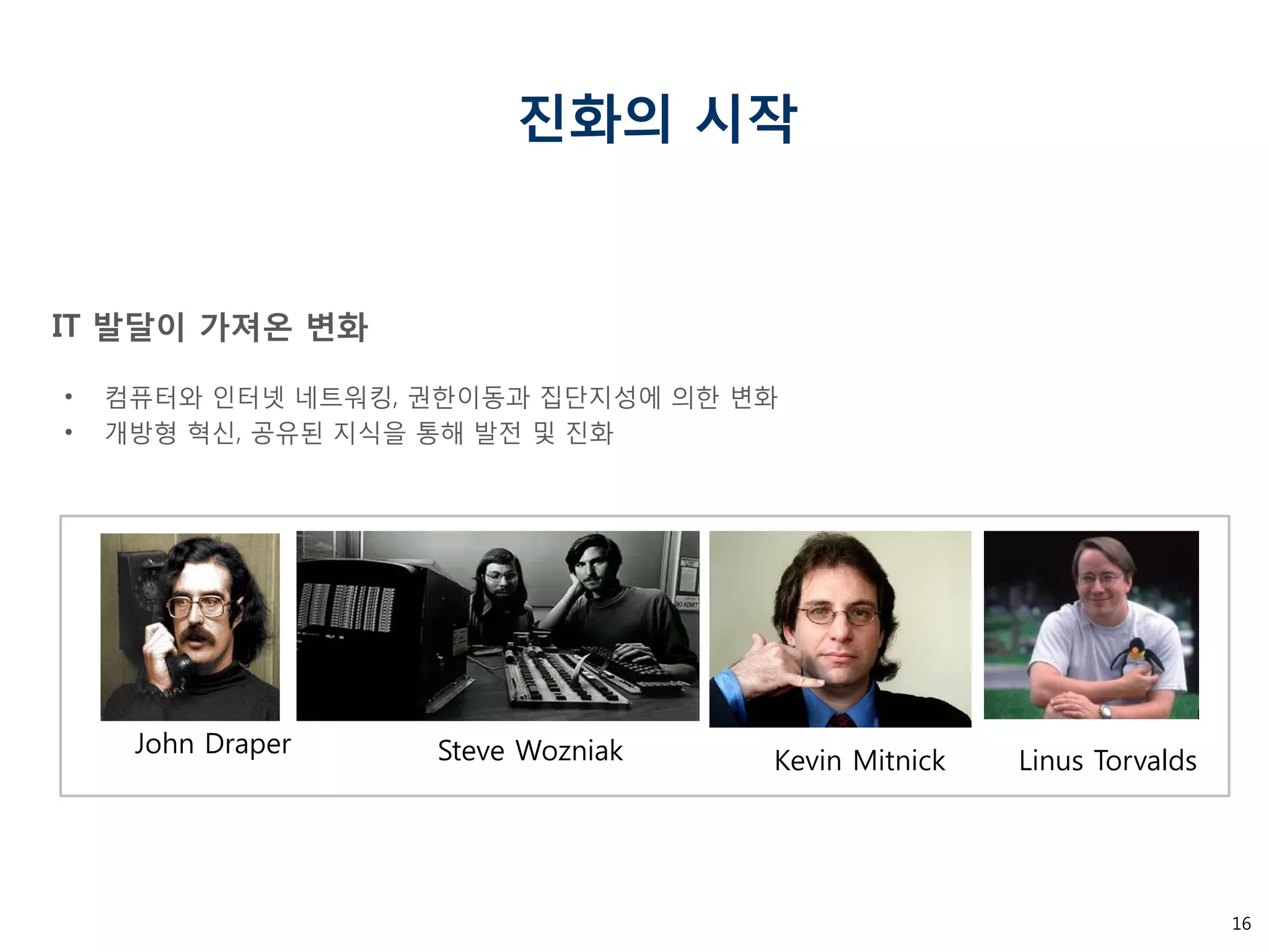 16 
진화의 시작 
John Draper 
Kevin Mitnick 
Linus Torvalds 
IT 발달이 가져온 변화 
•컴퓨터와 인터넷 네트워킹, 권한이동과 집단지성에 의한 변화 
•개방형 혁신, 공유된 지식을 통해 발전 및 진화 
Steve Wozniak  