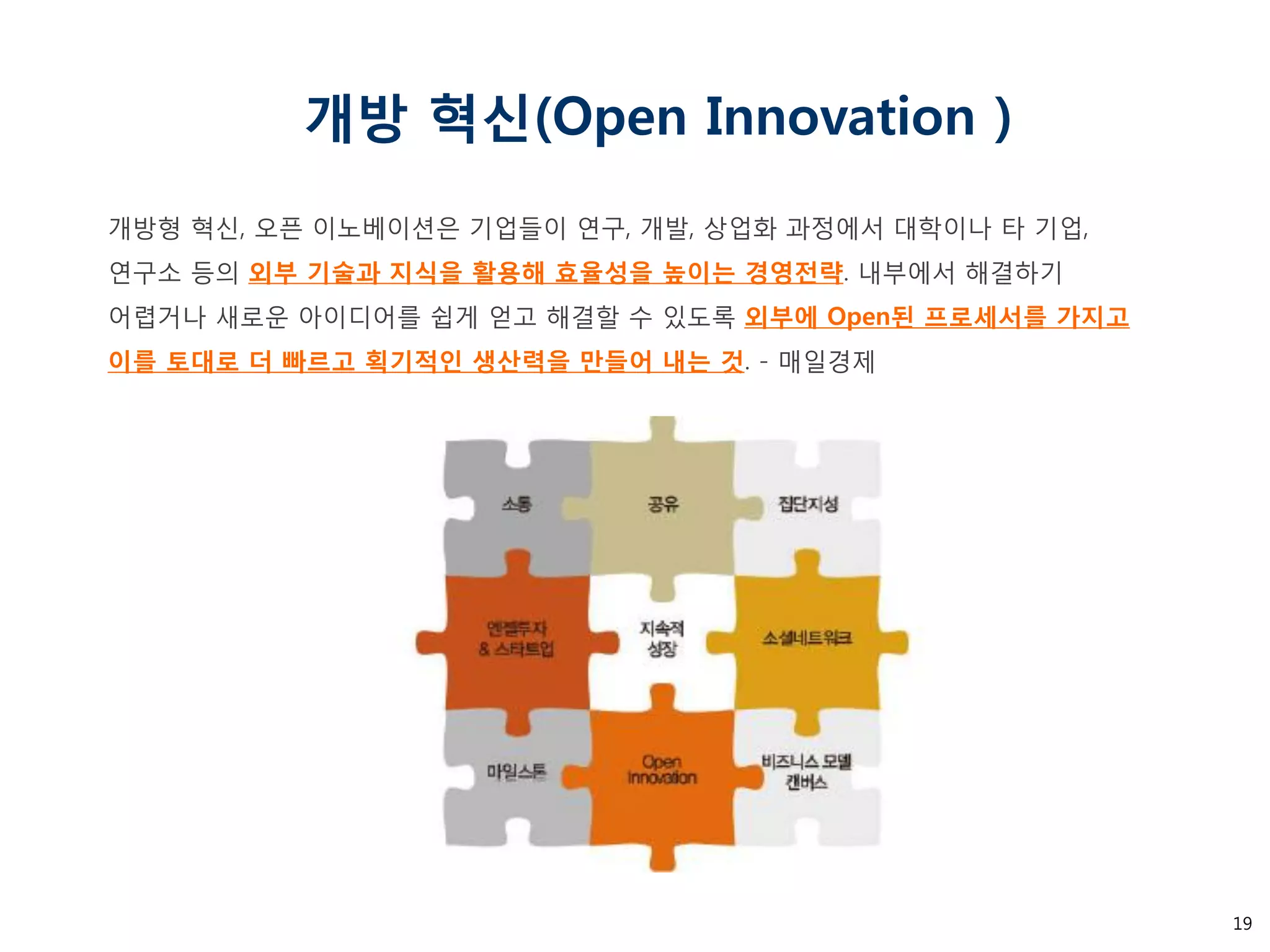 19 
개방 혁신(Open Innovation ) 
개방형 혁신, 오픈 이노베이션은 기업들이 연구, 개발, 상업화 과정에서 대학이나 타 기업, 연구소 등의 외부 기술과 지식을 활용해 효율성을 높이는 경영전략. 내부에서 해결하기 어렵거나 새로운 아이디어를 쉽게 얻고 해결할 수 있도록 외부에 Open된 프로세서를 가지고 이를 토대로 더 빠르고 획기적인 생산력을 만들어 내는 것. - 매일경제  