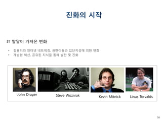 16 
진화의 시작 
John Draper 
Kevin Mitnick 
Linus Torvalds 
IT 발달이 가져온 변화 
•컴퓨터와 인터넷 네트워킹, 권한이동과 집단지성에 의한 변화 
•개방형 혁신, 공유된 지식을 통해 발전 및 진화 
Steve Wozniak  