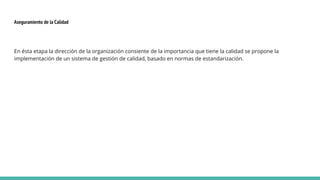 Aseguramiento de la Calidad
En ésta etapa la dirección de la organización consiente de la importancia que tiene la calidad se propone la
implementación de un sistema de gestión de calidad, basado en normas de estandarización.
 