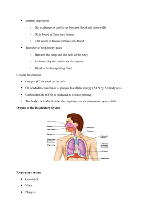  Internal respiration
◦ Gas exchange in capillaries between blood and tissue cells
◦ O2 in blood diffuses into tissues
◦ CO2 waste in tissues diffuses into blood
 Transport of respiratory gases
◦ Between the lungs and the cells of the body
◦ Performed by the cardiovascular system
◦ Blood is the transporting fluid
Cellular Respiration
 Oxygen (O2) is used by the cells
 O2 needed in conversion of glucose to cellular energy (ATP) by All body cells
 Carbon dioxide (CO2) is produced as a waste product
 The body’s cells die if either the respiratory or cardiovascular system fails
Organs of the Respiratory System
Respiratory system
 Consist of:
 Nose
 Pharynx
 