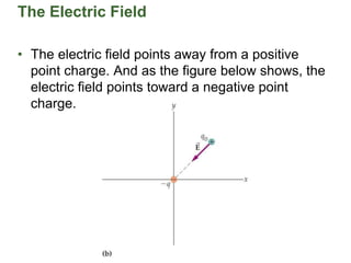 The Electric Field
• The electric field points away from a positive
point charge. And as the figure below shows, the
electric field points toward a negative point
charge.
 