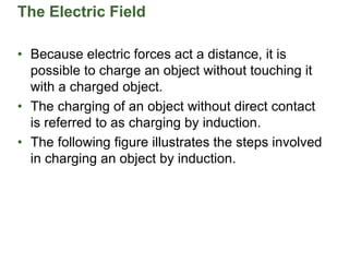 The Electric Field
• Because electric forces act a distance, it is
possible to charge an object without touching it
with a charged object.
• The charging of an object without direct contact
is referred to as charging by induction.
• The following figure illustrates the steps involved
in charging an object by induction.
 