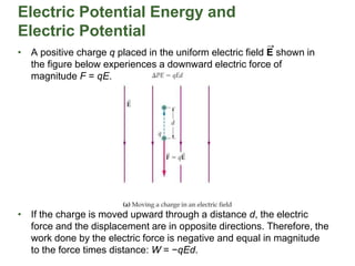 Electric Potential Energy and
Electric Potential
• A positive charge q placed in the uniform electric field E shown in
the figure below experiences a downward electric force of
magnitude F = qE.
• If the charge is moved upward through a distance d, the electric
force and the displacement are in opposite directions. Therefore, the
work done by the electric force is negative and equal in magnitude
to the force times distance: W = −qEd.
 