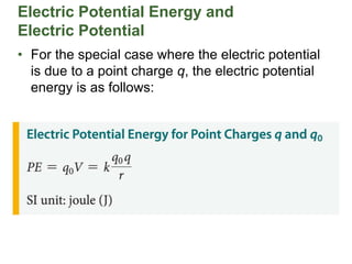 Electric Potential Energy and
Electric Potential
• For the special case where the electric potential
is due to a point charge q, the electric potential
energy is as follows:
 