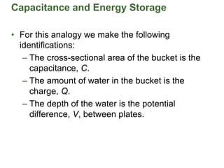 Capacitance and Energy Storage
• For this analogy we make the following
identifications:
– The cross-sectional area of the bucket is the
capacitance, C.
– The amount of water in the bucket is the
charge, Q.
– The depth of the water is the potential
difference, V, between plates.
 