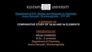 KUVEMPU UNIVERSITY
Department of P.G. Studies and Research in Chemistry
Jnana Sahyadri, Shankaraghatta – 577 451
A SEMINAR ON
COMPARATIVE STUDY OF 3d,4d AND 5d ELEMENTS
PRESENTED BY
ARUN CHIKKODI.
M.Sc., II semester
Department of Chemistry.
Jnana Sahyadri, Shankaraghatta
 
