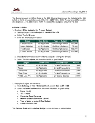 Advanced Accounting in Tally.ERP 9
81
The Budget amount for Office Costs is Rs. 250, Closing Balance and the Actuals is Rs. 635
(which is 254% of budgeted amount of Rs. 250 - [(254/100) x 250]). The variance (difference) is
also displayed i.e Rs. 385 which is 154% in excess of the Budgeted amount of Rs. 250.
Practice Exercise
1. Create an Office budget under Primary Budget.
Specify the period of the Budget as 1-4-09 to 31-12-09.
Select Yes for Groups.
Enter the details as given below:
Press Enter on the next blank field and accept the settings for Groups.
Select Yes for Ledgers and enter the details as given below:
2. Displaying Budgets and Variances
Go to Gateway of Tally > Balance Sheet, specify Date as 31-12-09
Select the New Column Button and Enter the details as given below:
From: 1-4-09
To: 31-12-09
Currency: Base Currency
Method of Stock Valuation: Default
Type of Value to show: Office Budget
Show Variances: No
The Balance Sheet with the Office Budget column appears as shown below:
Group Cost Centre Type of Budget Amount
Capital Account Not Applicable On Closing Balances 1,50,000
Loans (Liability) Not Applicable On Closing Balances 50,000
Fixed Assets Not Applicable On Closing Balances 1,00,000
Current Assets Not Applicable On Closing Balances 1,00,000
Ledger Cost Centre Type of Budget Amount
Salaries Not Applicable On Nett Transactions 25000
Wages Not Applicable On Nett Transactions 10000
Conveyance Not Applicable On Nett Transactions 4500
Office Costs Not Applicable On Nett Transactions 12000
Profit & Loss A/c Not Applicable On Closing Balance 50000
 