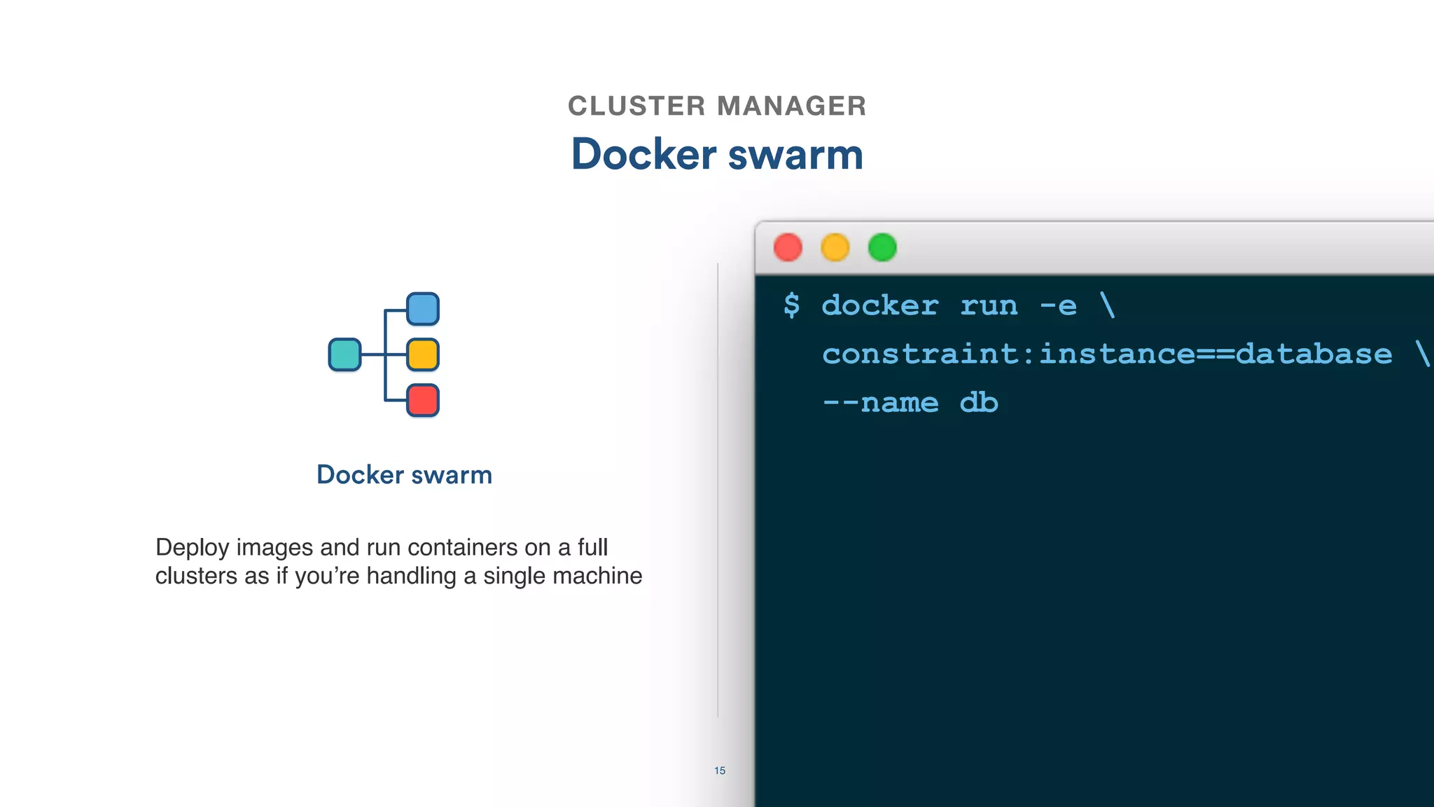 15
CLUSTER MANAGER
Docker swarm
Deploy images and run containers on a full
clusters as if you’re handling a single machine
Docker swarm
$ docker run -e 
constraint:instance==database 
--name db
 