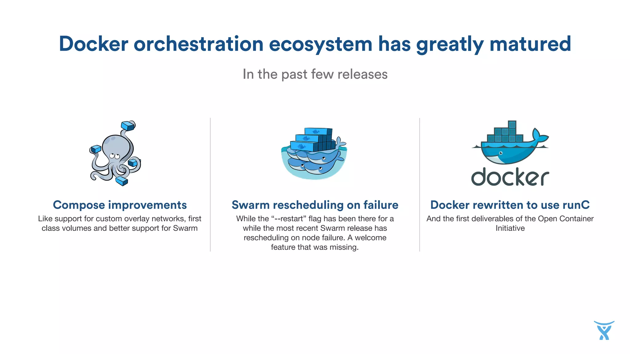 Docker orchestration ecosystem has greatly matured
Compose improvements
Like support for custom overlay networks, ﬁrst
class volumes and better support for Swarm
Swarm rescheduling on failure
While the “--restart” ﬂag has been there for a
while the most recent Swarm release has
rescheduling on node failure. A welcome
feature that was missing.
Docker rewritten to use runC
And the ﬁrst deliverables of the Open Container
Initiative
In the past few releases
 