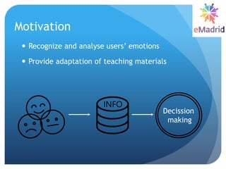  Recognize and analyse users’ emotions
 Provide adaptation of teaching materials
Motivation
Decission
making
 